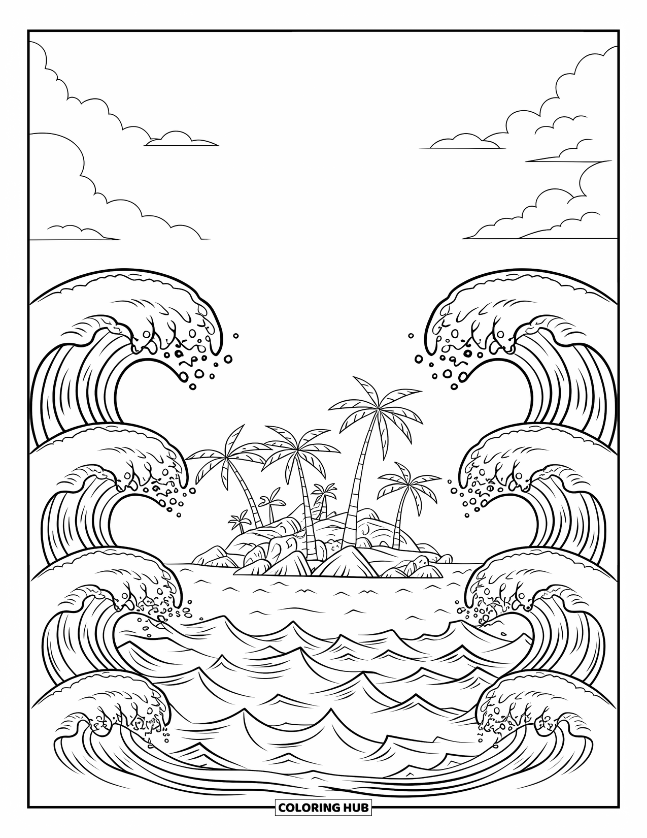 Waves Coloring Page for Kids: Foamy waves circle a small island with palm trees and rocks