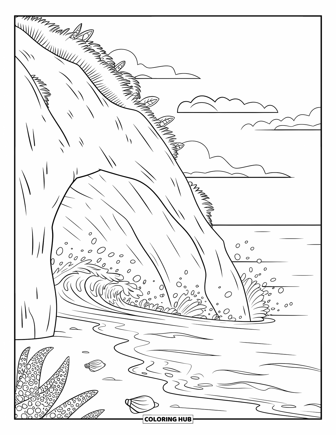 Waves Coloring Page for Kids: Waves crash into a seaside cave filled with shells and rocky edges