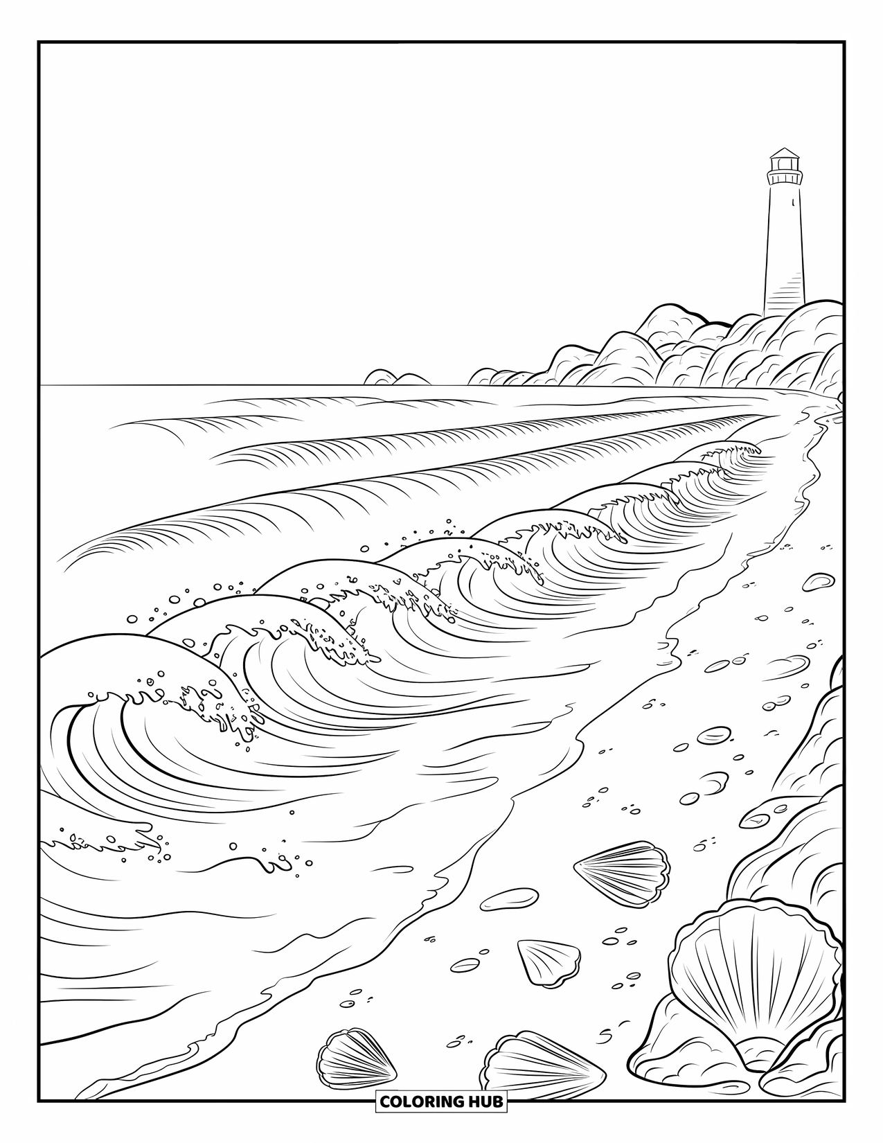 Waves Coloring Page for Kids: Waves crash onto the beach near seashells, rocks, and a distant lighthouse