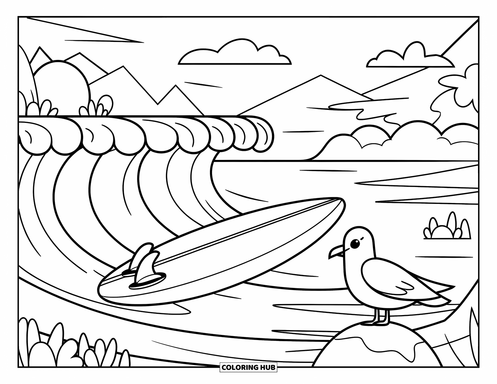 Waves Coloring Page for Kids: Waves roll beside a surfboard as a seagull perches on a nearby rock