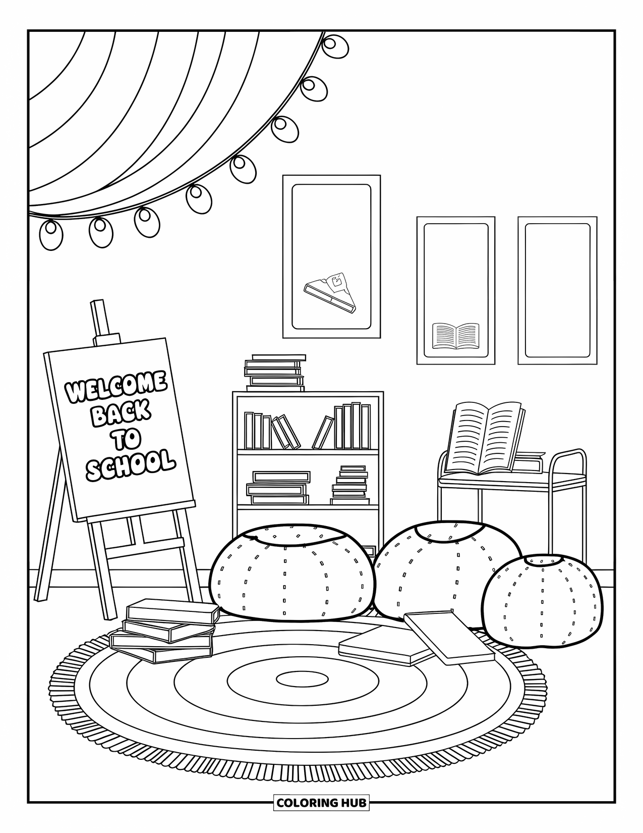 Welcome Back To School Coloring Page for Adults: Beanbags and bookshelf beside a sign reading "Welcome Back to School"
