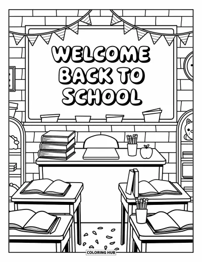 어른을 위한 새 학기 색칠공부: "Welcome Back to School" 메시지가 있는 칠판과 교사 책상