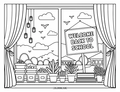 어른을 위한 새 학기 색칠공부: 화분, 풍경, "Welcome Back to School" 표지판이 있는 교실 창문