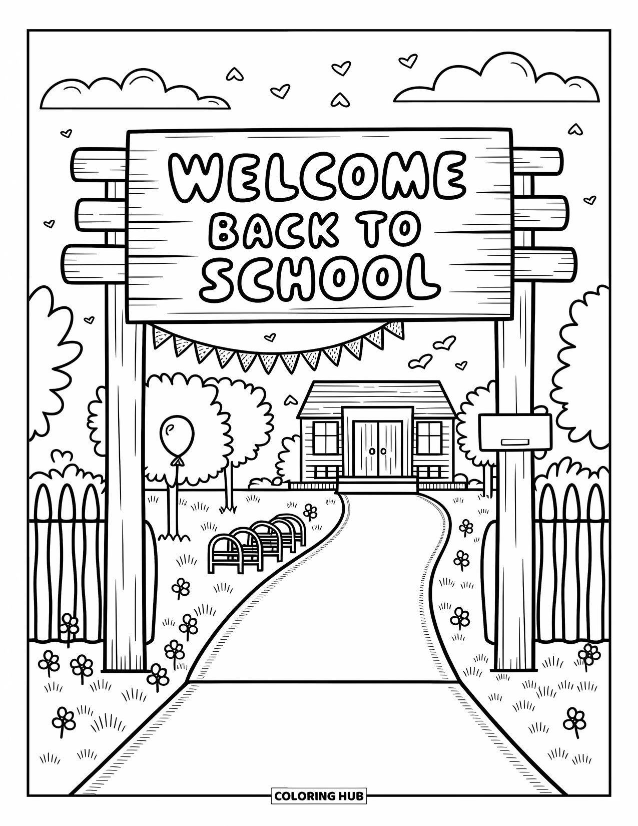 Welcome Back To School Coloring Page for Adults: Entrance arch with balloons, trees, and a "Welcome Back to School" board