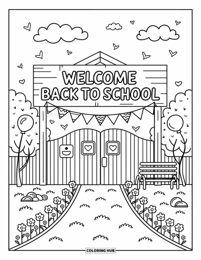 어른을 위한 새 학기 색칠공부: 깃발과 풍선이 있는 학교 정문과 "Welcome Back to School" 표지판