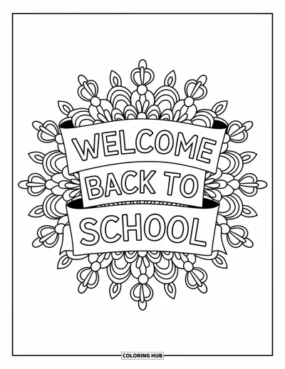 어른을 위한 새 학기 색칠공부: "Welcome Back to School" 현수막이 있는 꽃 만다라 디자인