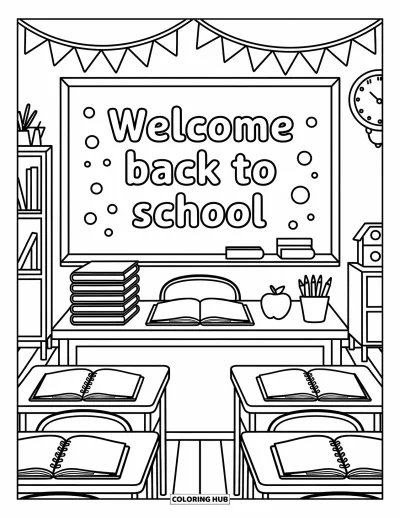 어른을 위한 새 학기 색칠공부: "Welcome Back to School"이 적힌 칠판 아래 화환, 시계, 교사 책상