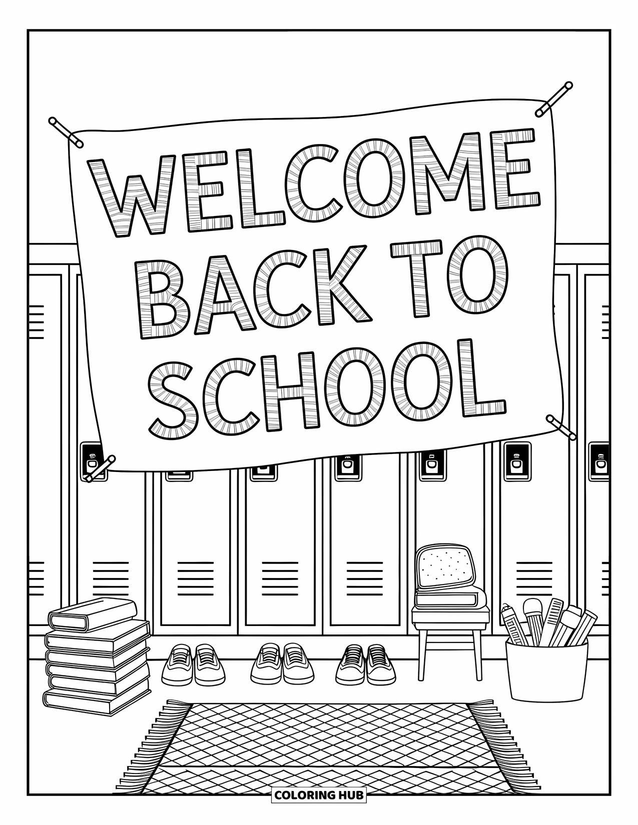 Welcome Back To School Coloring Page for Adults: Hallway with books, pencil cases, and banner saying "Welcome Back to School"