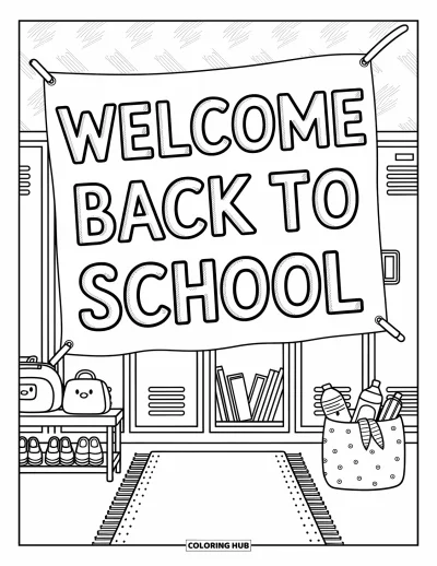 어른을 위한 새 학기 색칠공부: 현수막, 열린 문, 밝은 "Welcome Back to School" 장식이 있는 사물함