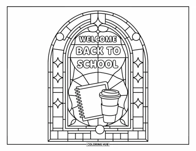 어른을 위한 새 학기 색칠공부: "Welcome Back to School"이 적힌 스테인드글라스 액자 안 플래너와 커피잔