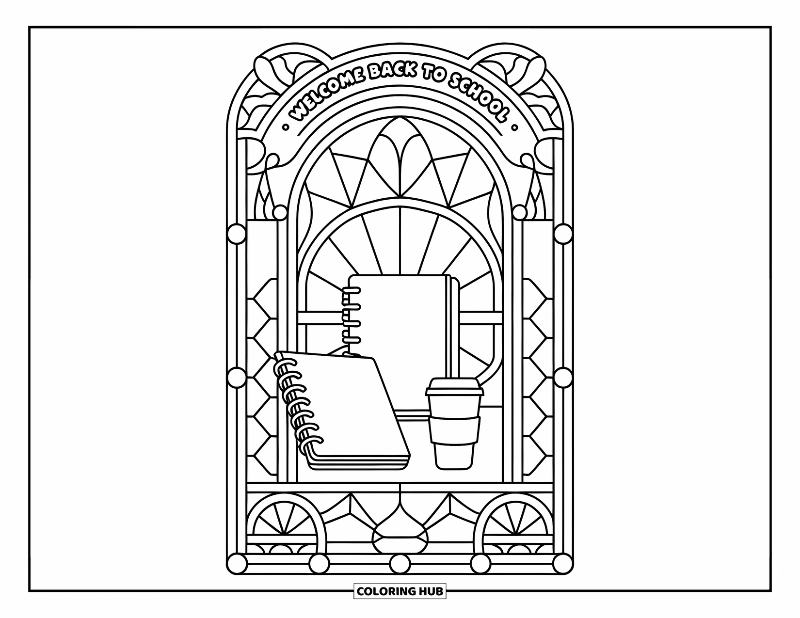 Welcome Back To School Coloring Page for Adults: Planner and cup in stained glass frame with "Welcome Back to School"