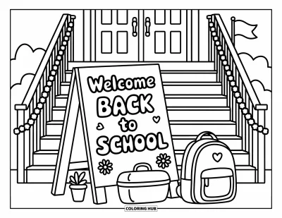어른을 위한 새 학기 색칠공부: 깃발, 가방, "Welcome Back to School" 표지판이 있는 학교 입구