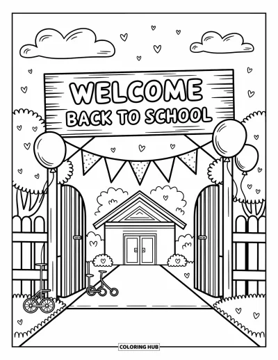 어른을 위한 새 학기 색칠공부: 풍선, 깃발, "Welcome Back to School" 표지판이 있는 학교 정문