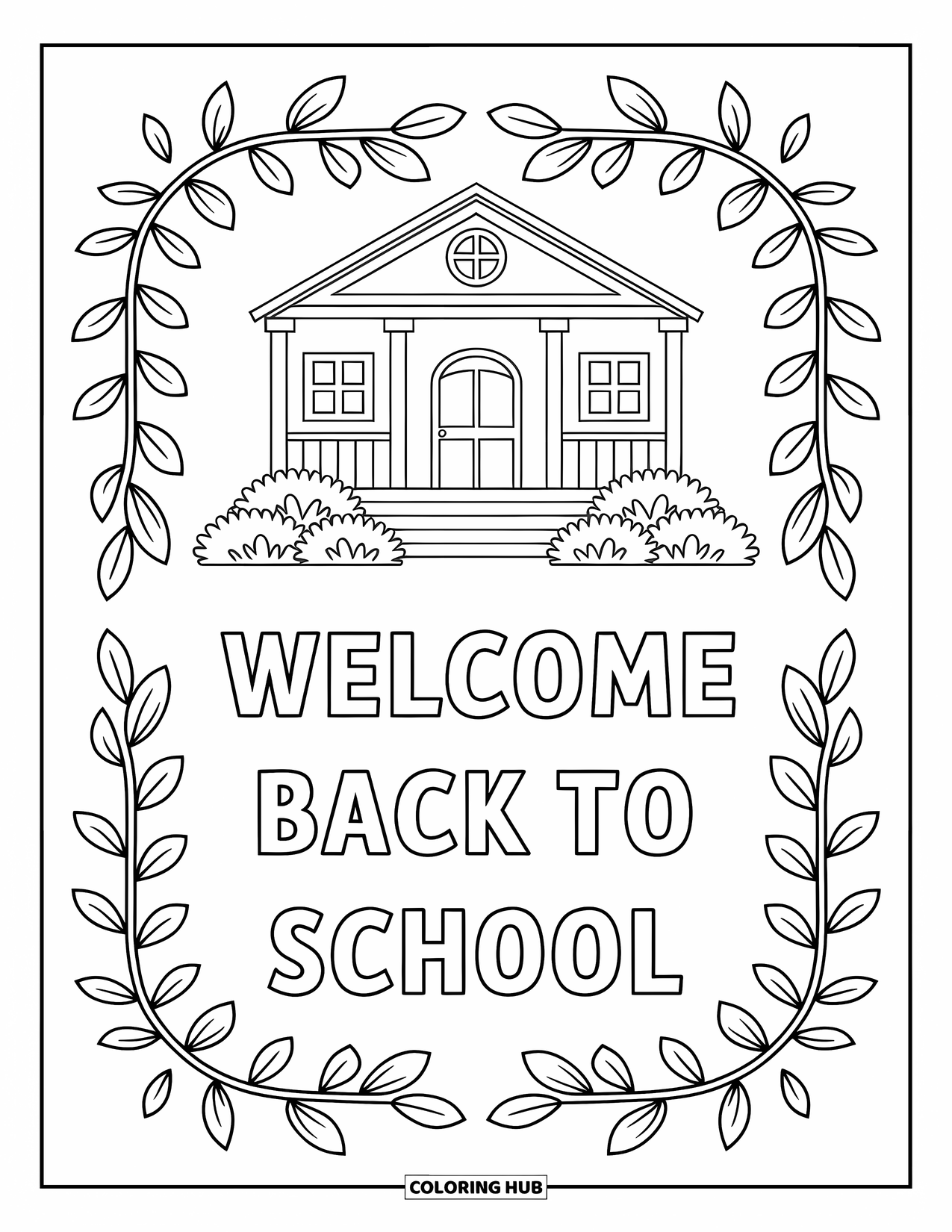 Welcome Back To School Coloring Page for Adults: Schoolhouse with botanical scrollwork and "Welcome Back to School" text