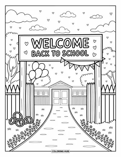 어른을 위한 새 학기 색칠공부: 자전거 거치대와 "Welcome Back to School" 표지판이 있는 나무 길