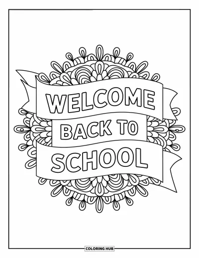 어른을 위한 새 학기 색칠공부: 섬세한 꽃 만다라로 둘러싸인 "Welcome Back to School" 현수막