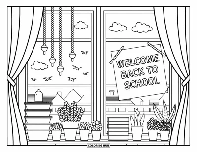 어른을 위한 새 학기 색칠공부: 화분, 리본 묶인 커튼, "Welcome Back to School" 표지판이 있는 창문