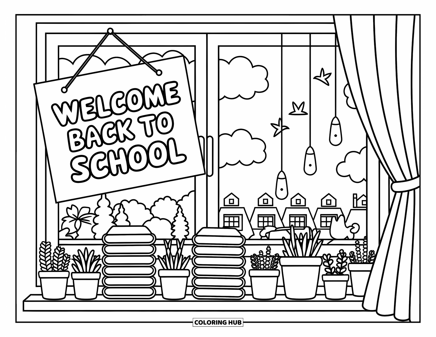 Welcome Back To School Coloring Page for Adults: Window view with ribbon-tied curtain, birds outside, and "Welcome Back to School" sign