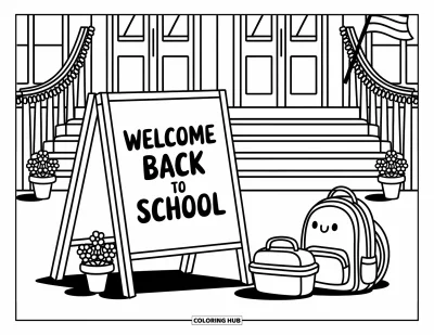 어른을 위한 새 학기 색칠공부: 화분, 가방, "Welcome Back to School" 글자가 있는 나무 간판