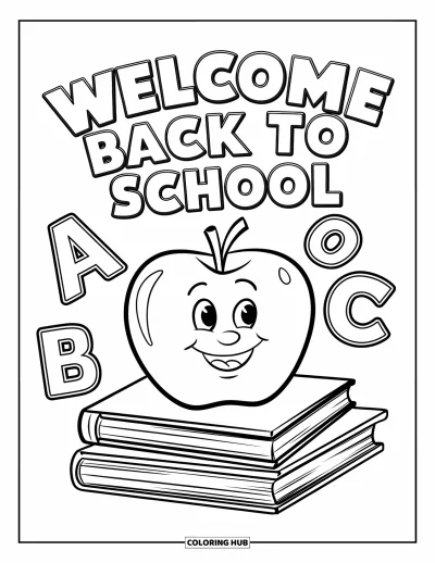 어린이를 위한 새 학기 색칠공부: 떠 있는 "ABC"와 "Welcome Back to School" 글자가 있는 사과