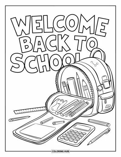 어린이를 위한 새 학기 색칠공부: 학용품이 쏟아지는 가방과 "Welcome Back to School" 텍스트