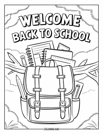 어린이를 위한 새 학기 색칠공부: 나무에 묶인 가방과 "Welcome Back to School" 현수막