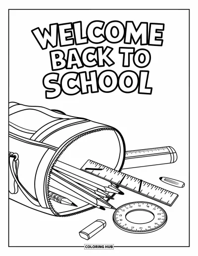 어린이를 위한 새 학기 색칠공부: 자, 각도기, "Welcome Back to School" 글자가 있는 가방
