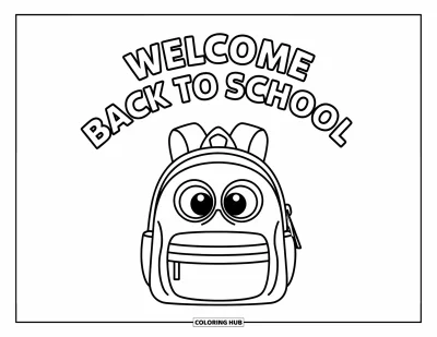 어린이를 위한 새 학기 색칠공부: 위에 "Welcome Back to School" 글자가 있는 가방