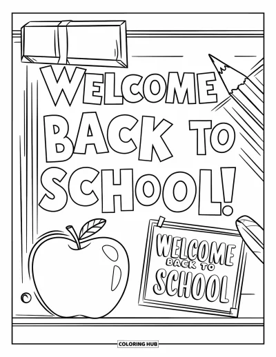 어린이를 위한 새 학기 색칠공부: 사과, 연필, "Welcome Back to School"이 있는 게시판