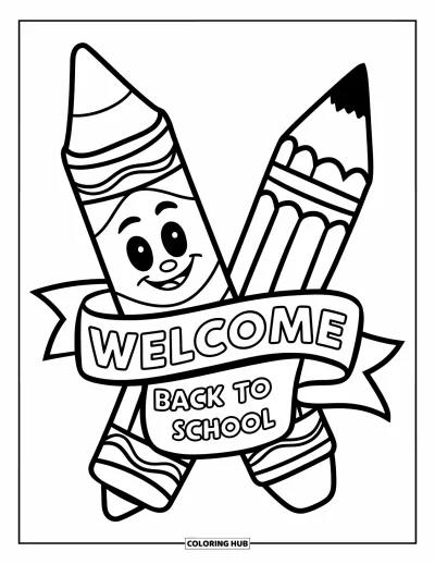 어린이를 위한 새 학기 색칠공부: 크레용, 연필, 캐릭터들과 "Welcome Back to School" 리본