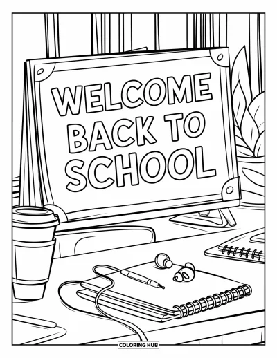 어린이를 위한 새 학기 색칠공부: 책, 커피, "Welcome Back to School" 표지판이 있는 책상