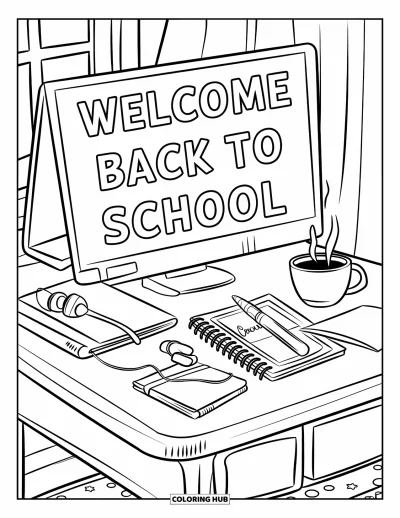 어린이를 위한 새 학기 색칠공부: 커피, 책, "Welcome Back to School" 카드가 있는 책상