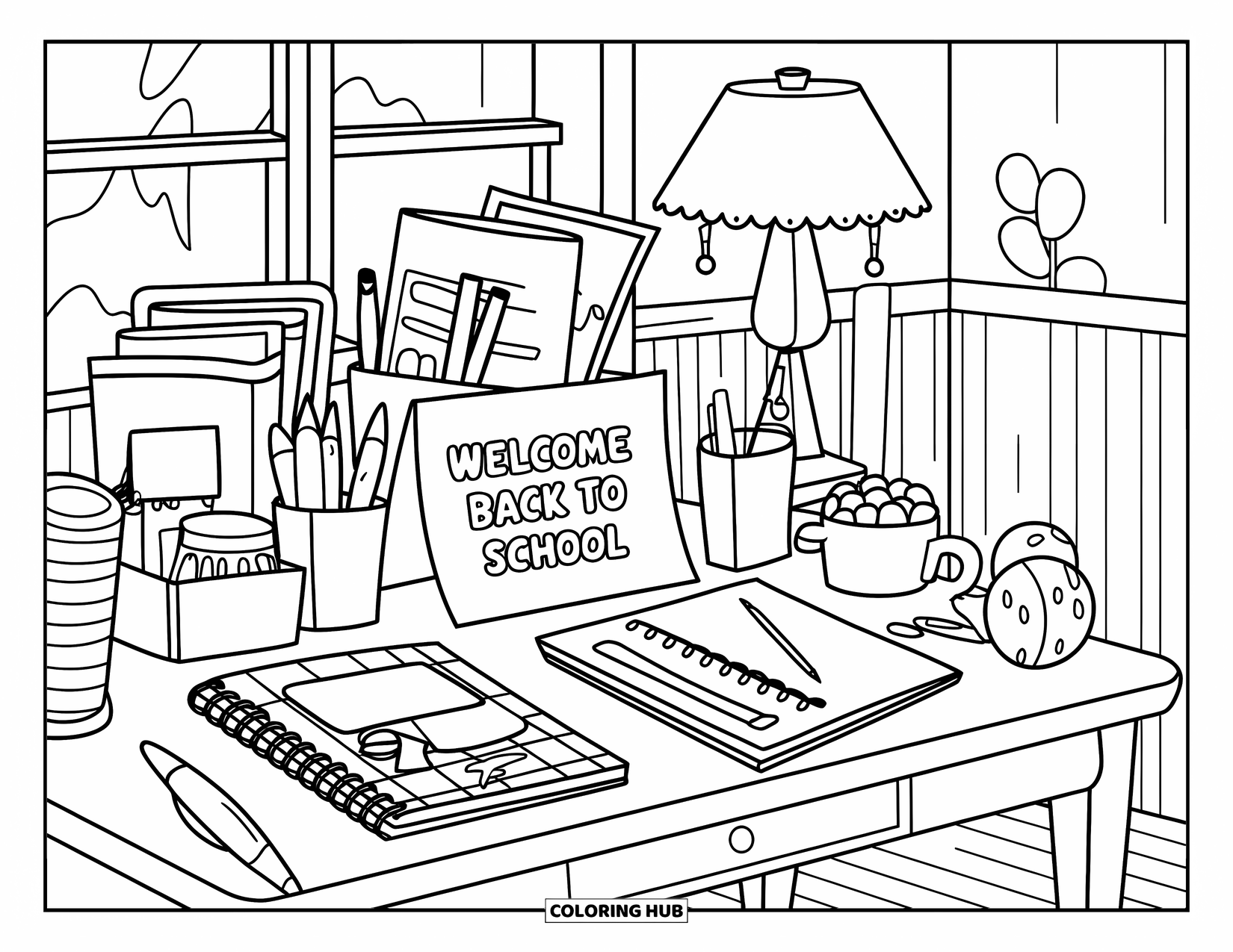 Welcome Back To School Coloring Page for Kids: Desk with lamp, planner, and "Welcome Back to School" note