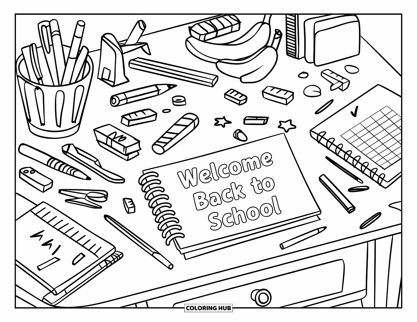 Welcome Back To School Coloring Page for Kids: Desk with snacks, planner, and "Welcome Back to School" note