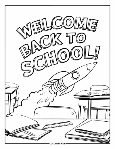 어린이를 위한 새 학기 색칠공부: "Welcome Back to School" 연기를 쓰며 나는 연필 로켓