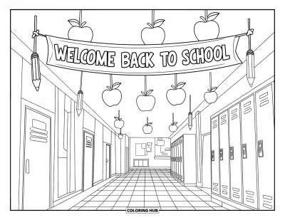 어린이를 위한 새 학기 색칠공부: 사물함, 사과, 연필, "Welcome Back to School" 현수막이 있는 복도