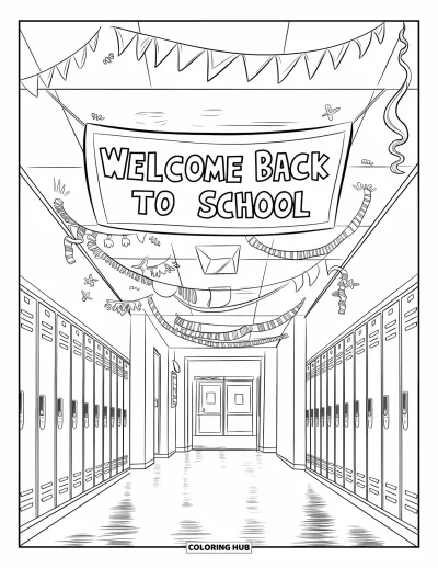 어린이를 위한 새 학기 색칠공부: 스트리머로 장식된 사물함 복도와 "Welcome Back to School" 현수막
