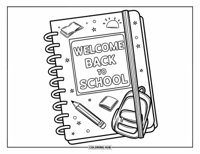 어린이를 위한 새 학기 색칠공부: 스티커와 "Welcome Back to School" 라벨로 꾸며진 노트