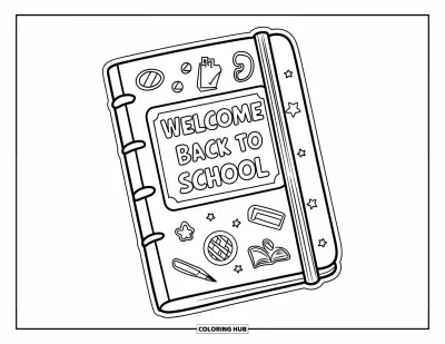 어린이를 위한 새 학기 색칠공부: 스티커와 "Welcome Back to School" 라벨이 붙은 노트