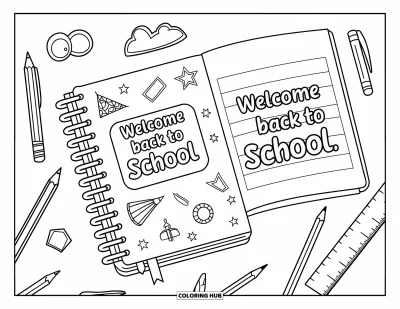 어린이를 위한 새 학기 색칠공부: 연필, 자, "Welcome Back to School" 글자가 있는 열린 노트