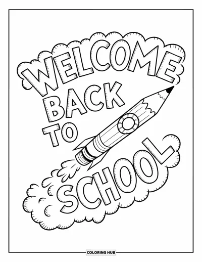 어린이를 위한 새 학기 색칠공부: "Welcome Back to School" 연기를 내뿜는 연필 로켓