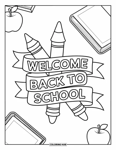 어린이를 위한 새 학기 색칠공부: 사과, 책, "Welcome Back to School"이 있는 리본