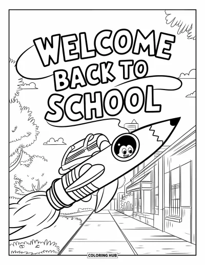 어린이를 위한 새 학기 색칠공부: "Welcome Back to School"이 적힌 가방과 로켓 연필