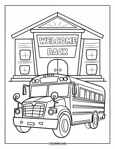 어린이를 위한 새 학기 색칠공부: 건물 옆 스쿨버스와 위에 걸린 "Welcome Back" 표지판