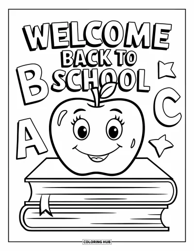어린이를 위한 새 학기 색칠공부: 책 위 웃는 사과와 떠 있는 "ABC" 및 "Welcome Back" 글자