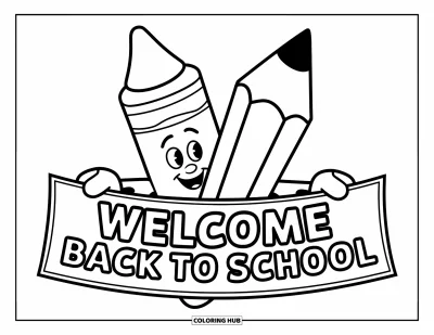 어린이를 위한 새 학기 색칠공부: "Welcome Back to School" 현수막 뒤 웃는 크레용과 연필