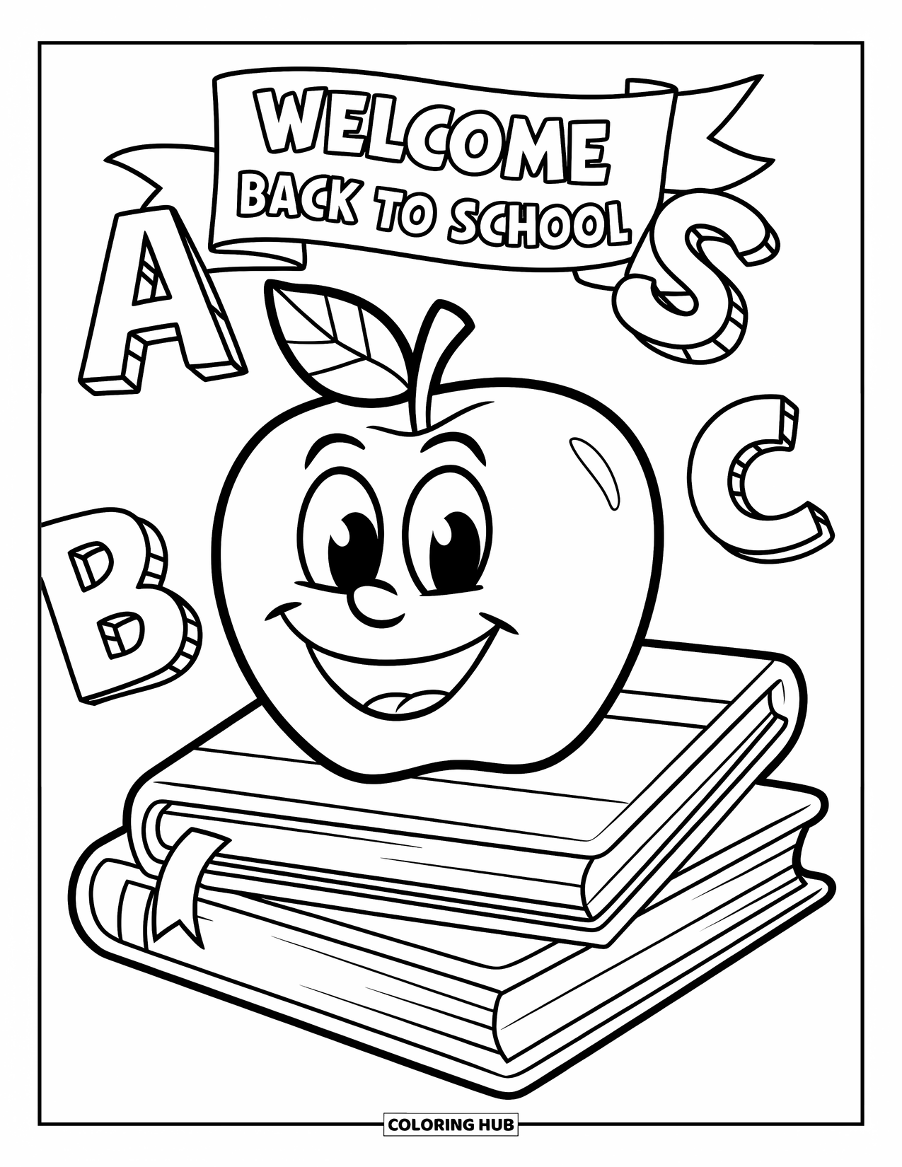 Welcome Back To School Coloring Page for Kids: Stack of books with smiling apple and "Welcome Back" banner