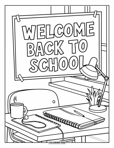 어린이를 위한 새 학기 색칠공부: 책, 머그컵, "Welcome Back to School" 카드가 있는 학생 책상