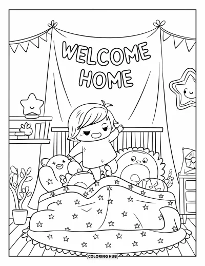 Välkommen hem-målarbild för vuxna: Chibi-barn hoppar upp i sängen med gosedjur och "Welcome Home"-flagga ovanför