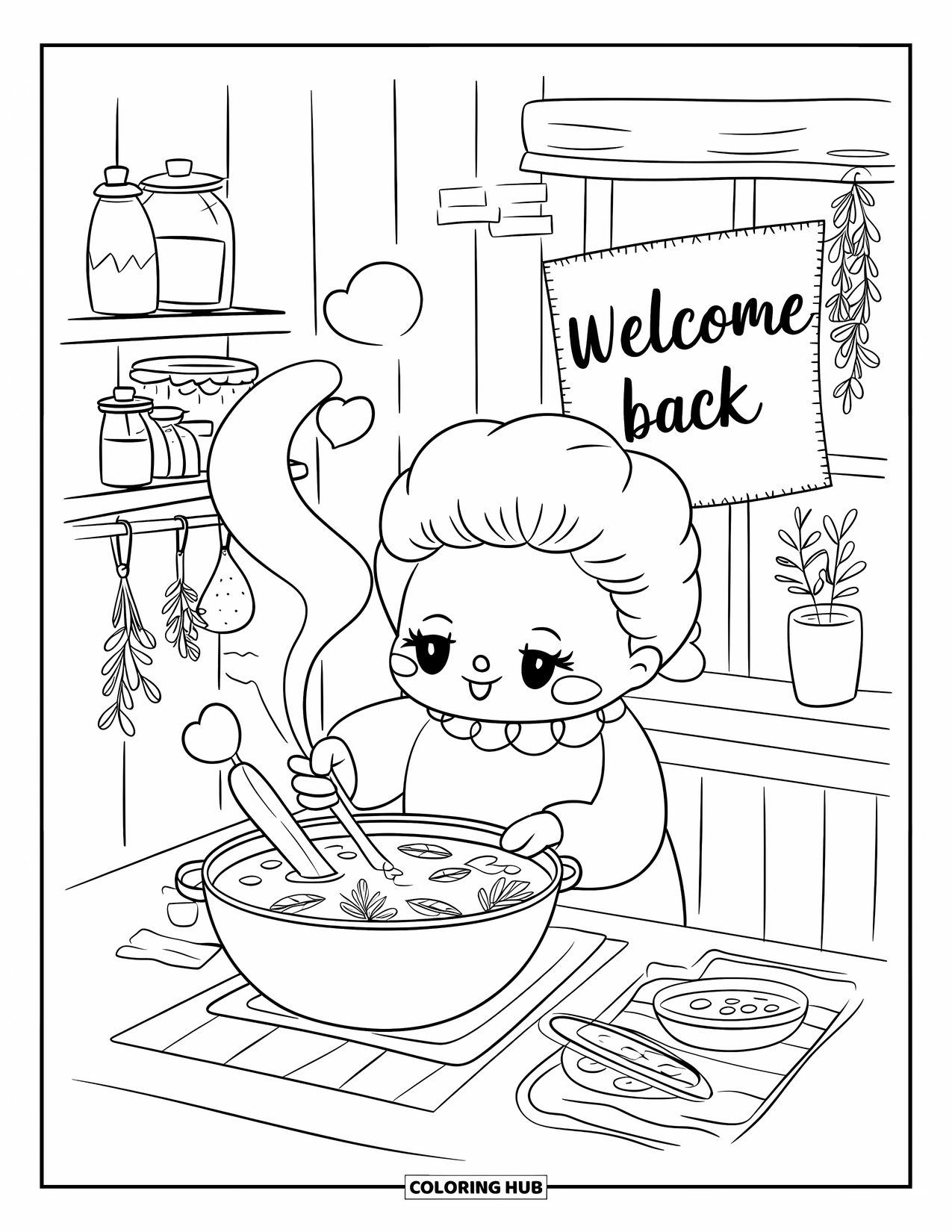 Welcome Home Coloring Page for Adults: Chibi grandparent stirs soup with heart steam and stitched "Welcome Back" cloth